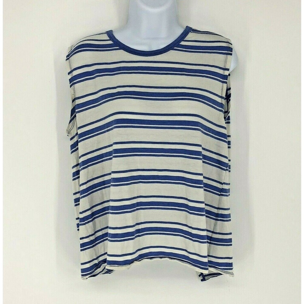 Athleta M Blue Stripe Serenity Muscle Tee Tank Open Back Silk Blend Sleeveless